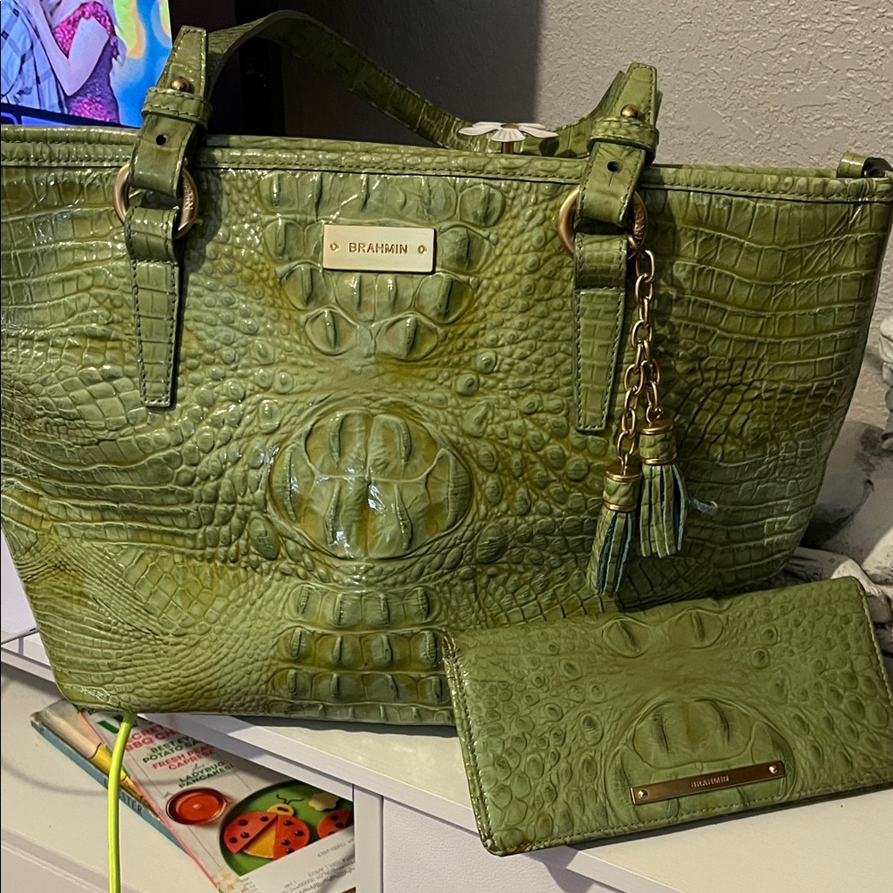 Brahmin Olive Green Embossed Tote and Wallet Set